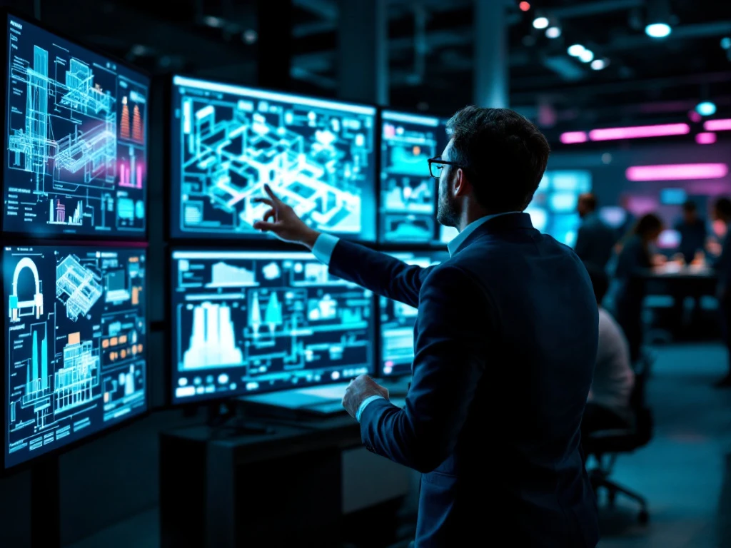 Hoofdingenieur wijst naar infrastructuurdiagrammen op schermen terwijl teamleden vergaderen in een modern kantoor met teal, marine en roze accenten.