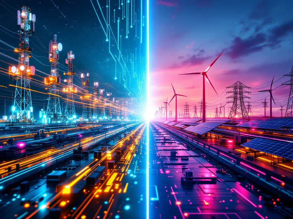 Split-screen beeld van telecommunicatie-infrastructuur met glasvezelkabels links en hernieuwbare energie-installaties rechts