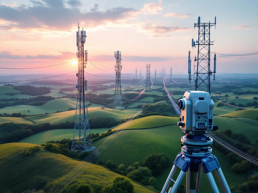 Landmeter apparatuur in voorgrond met mobiele torens en glasvezelkabels over groen landschap bij zonsondergang