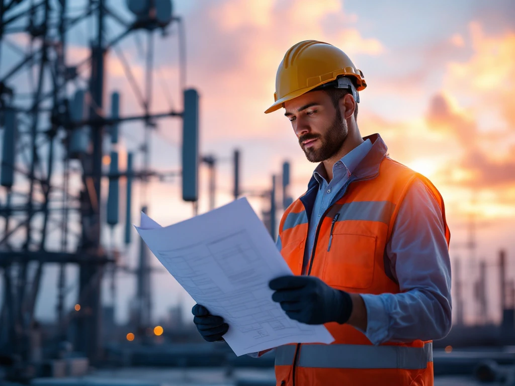 Ingenieur bestudeert technische blauwdrukken bij telecommunicatietoren met glasvezelkabels en energiesystemen in INNSO-merkkleurenschema.