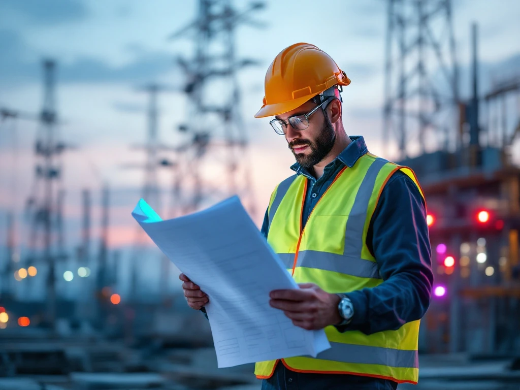 Ingenieur in veiligheidsuitrusting bestudeert bouwtekeningen op moderne bouwplaats met telecommunicatietorens en energie-infrastructuur in INNSO