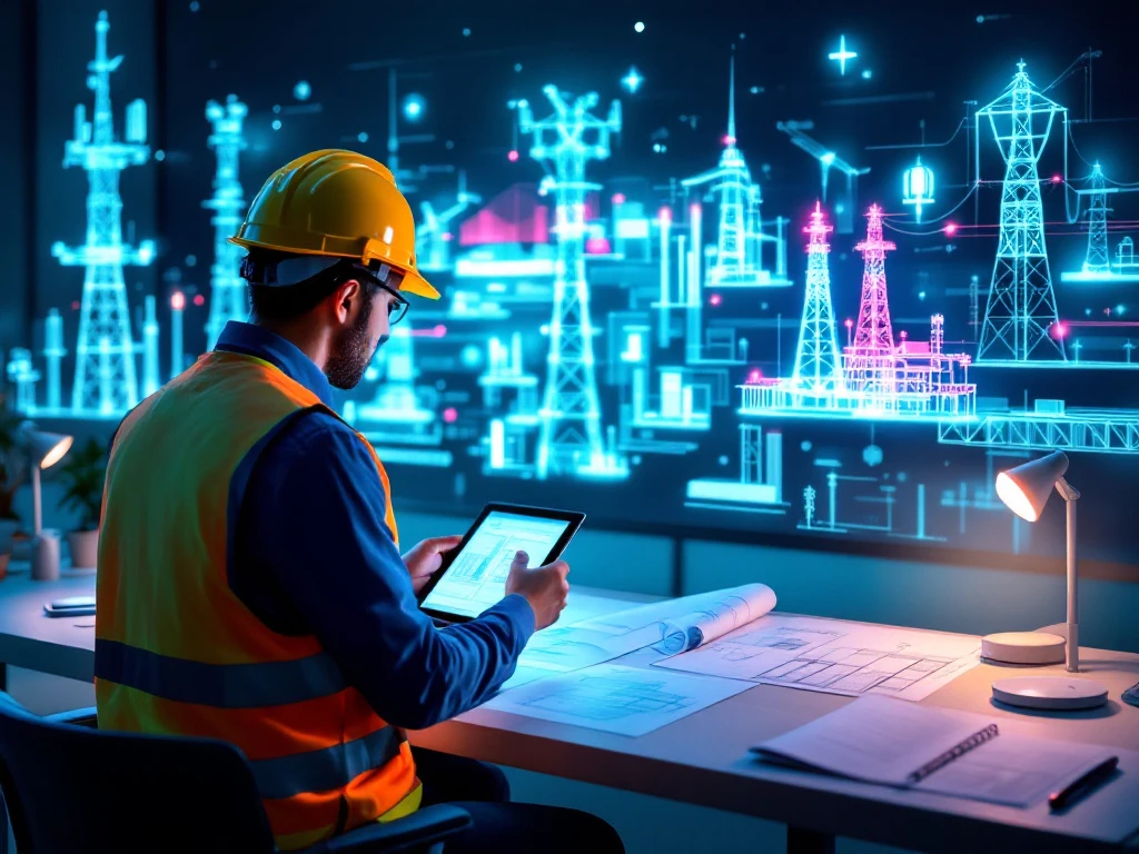 Ingenieur bekijkt digitale bouwplannen op tablet terwijl holografische infrastructuurontwerpen in INNSO