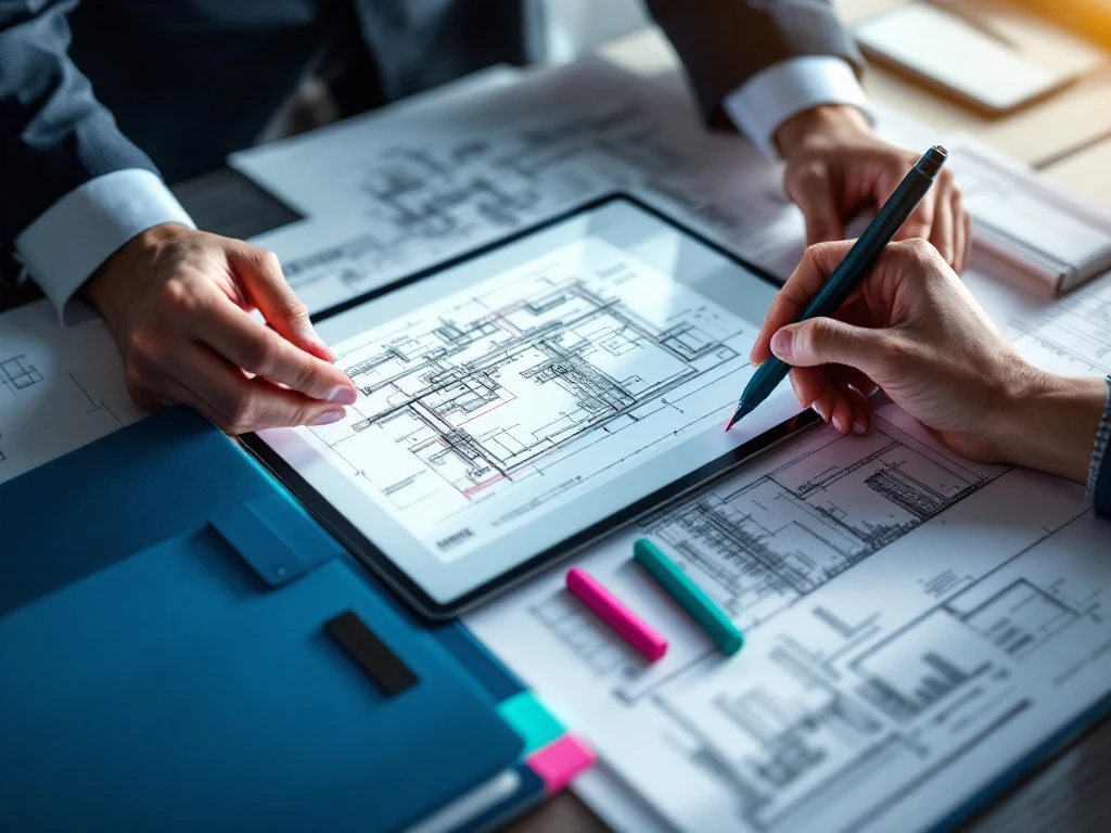 Professionele handen bekijken architecturale blauwdrukken en vergunningsdocumenten op moderne werkplek met tablet