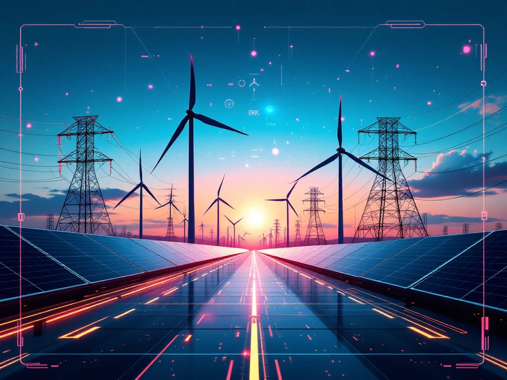 Futuristische duurzame energie-infrastructuur met windturbines, zonnepanelen en holografische data-visualisaties bij gouden uur