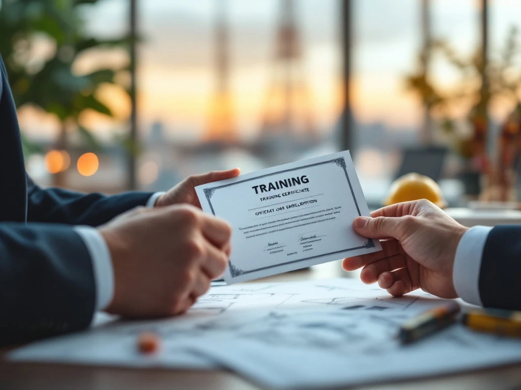 Professionele handen houden training certificaten vast op bureau met blauwdrukken en landmeetapparatuur op achtergrond
