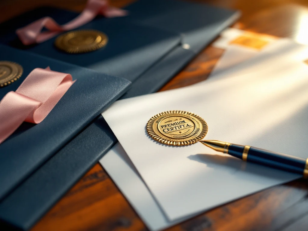Premium certificeringsdocumenten met gouden zegels en linten op houten bureau, fonteinpen nabij professionele badges