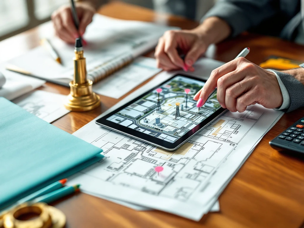 Professionele handen bekijken vastgoeddocumenten en blauwdrukken op houten bureau met tablet, kaarten en meetgereedschap