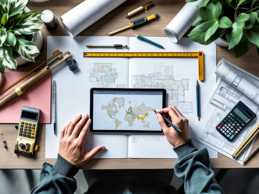 Bovenaanzicht van modern bureau met vastgoedbeheer tools: tablet met digitale kaarten, meetinstrumenten en blauwdrukken