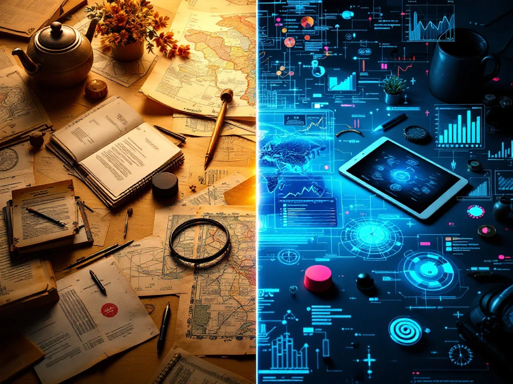 Gesplitst scherm toont overgang van traditioneel vastgoedbeheer met papieren documenten naar digitale innovatie met tablets