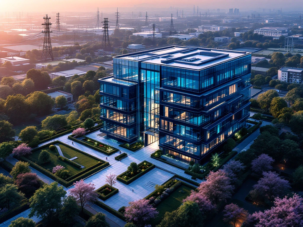 Moderne kantoorgebouw voor vastgoedbeheer met glazen gevel, groene landschappen en infrastructuur op de achtergrond