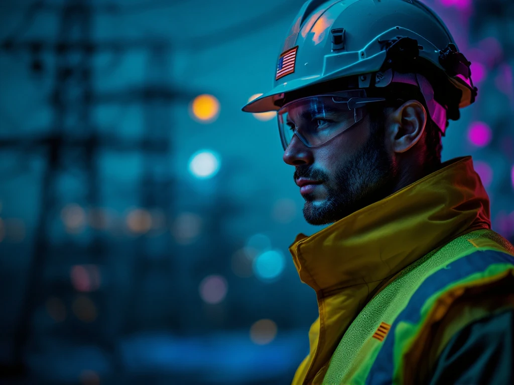 Veiligheidshelm en reflecterend vest van ingenieur tegen donkerblauwe achtergrond met elektrische infrastructuur