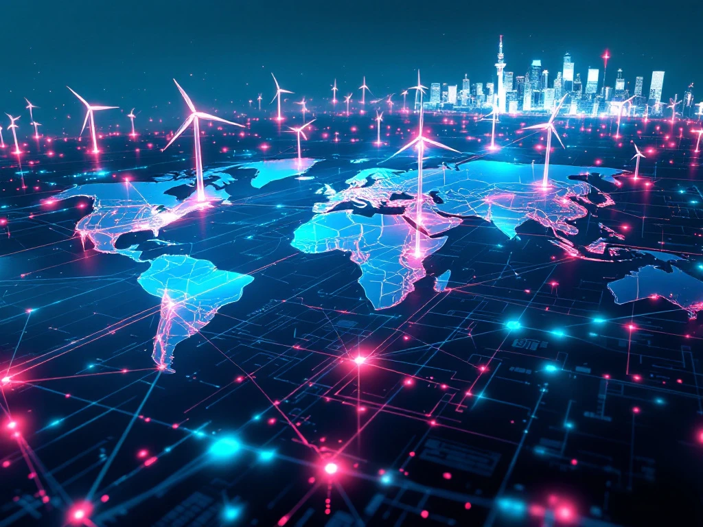 Luchtfoto van wereldwijd duurzame energie-infrastructuur met windturbines, zonnepanelen en transmissielijnen