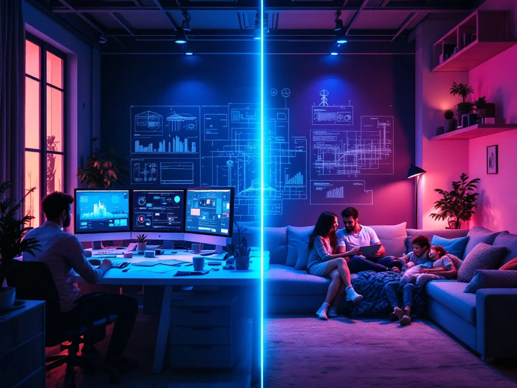 Ingenieur werk-privé balans split-screen: kantoorruimte met blauwplannen links, huiselijke ontspanningsruimte rechts