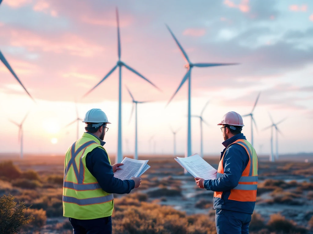 Landmeter in veiligheidsvest bestudeert blauwdrukken bij moderne windmolenpark met witte turbines vanuit luchtperspectief