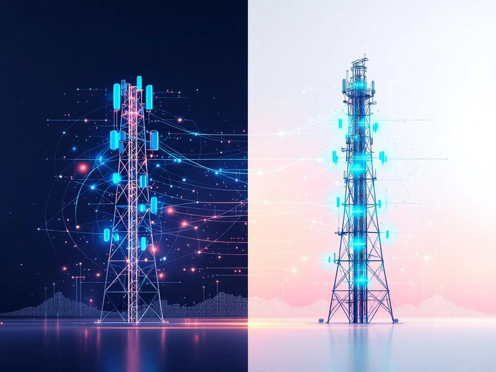 Vergelijking van 4G en 5G netwerktechnologie met traditionele en moderne zendmasten verbonden door datastromen