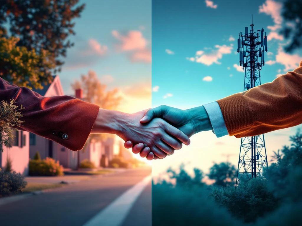Gemeenschapsdialoog over 5G-infrastructuur met handdruk tussen bezorgde bewoners en moderne zendmast als symbool voor samenwerking