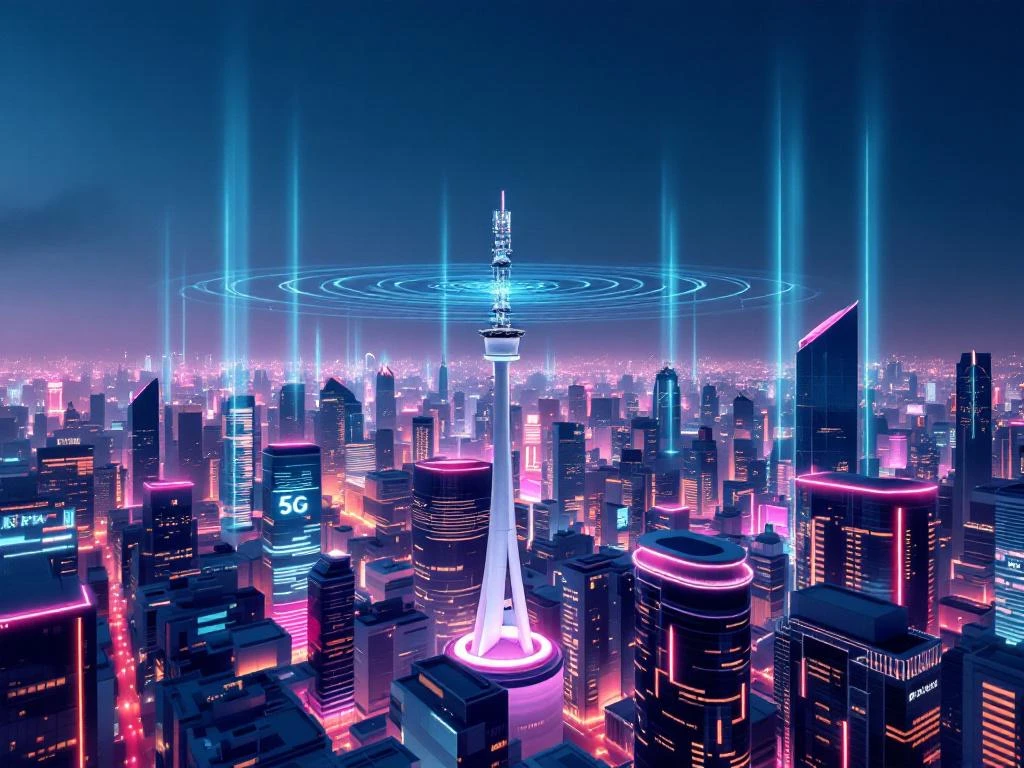 Luchtfoto van moderne stad met 5G-toren en signaaldekkingsproblemen tussen hoge glazen gebouwen