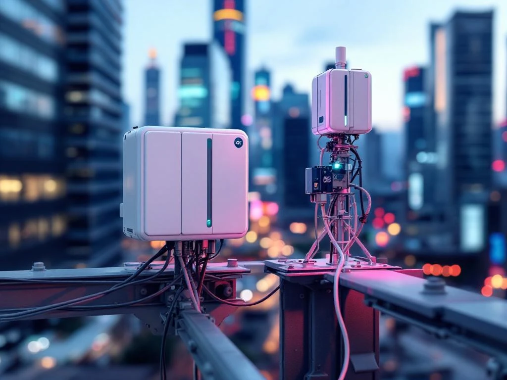 Miniature 5G small cell-torens gemonteerd op moderne stedelijke infrastructuur met witte behuizingen en kleuraccenten