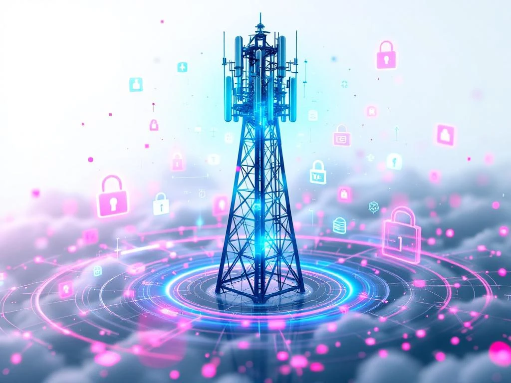5G mobiele toren met turquoise signalen, donkerblauwe digitale beveiligingsschilden en roze holografische encryptie-iconen