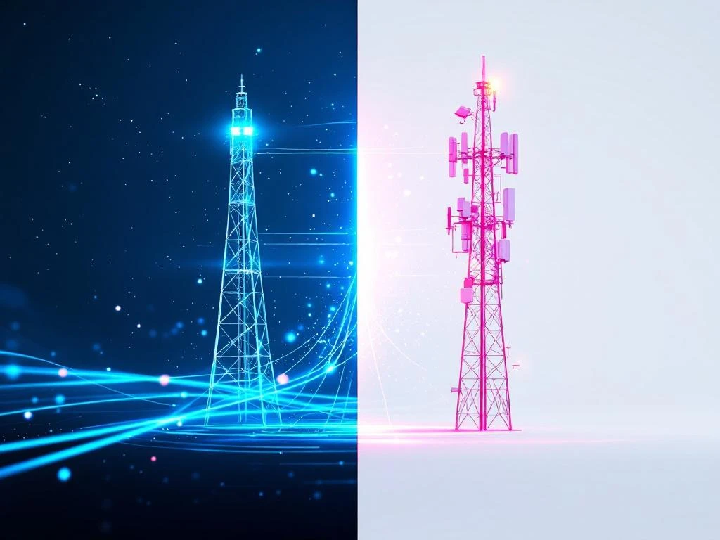 Vergelijking van twee 5G netwerktechnologieën: moderne standalone toren links versus traditionele celltoren rechts