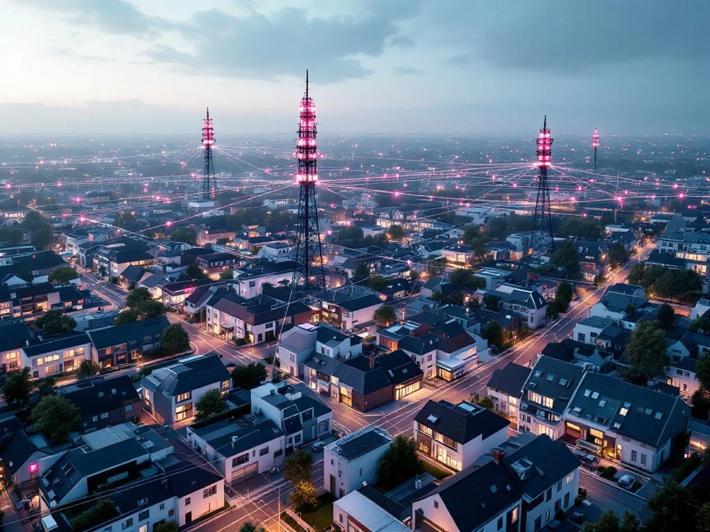 Luchtfoto van moderne Nederlandse gemeente met 5G-torens en netwerkverbindingen tussen woonwijken en telecommunicatie-infrastructuur