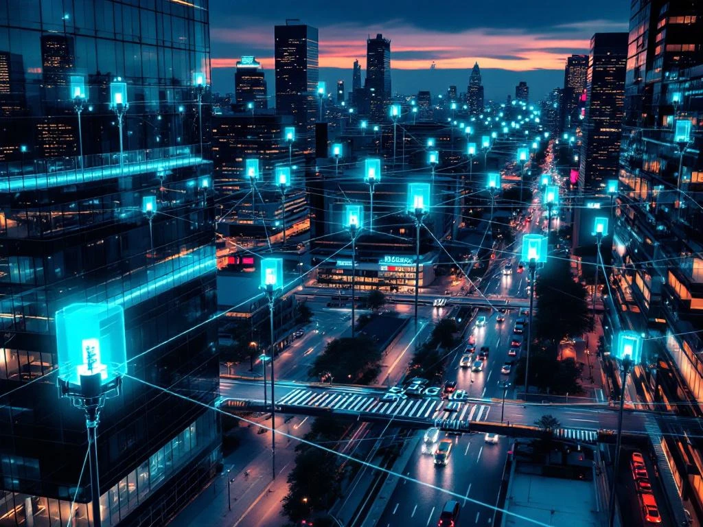 Luchtfoto van moderne stad met 5G small cell torens op lantaarnpalen, verlicht met teal licht en netwerkvisualisatie