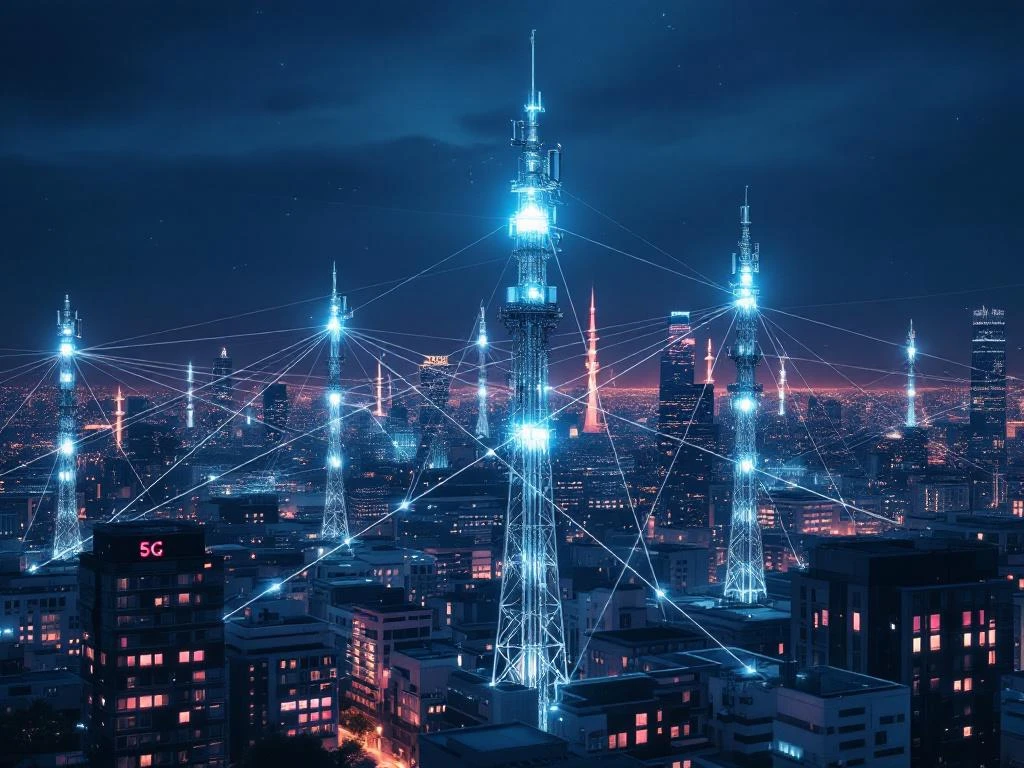 Moderne stadsskyline bij schemering met verlichte 5G-zendmasten en netwerkverbindingen in technologisch stadsgezicht