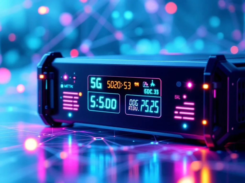 Moderne 5G-testapparaat met gloeiende displays die signaalsterkte en datasnelheden tonen op witte achtergrond