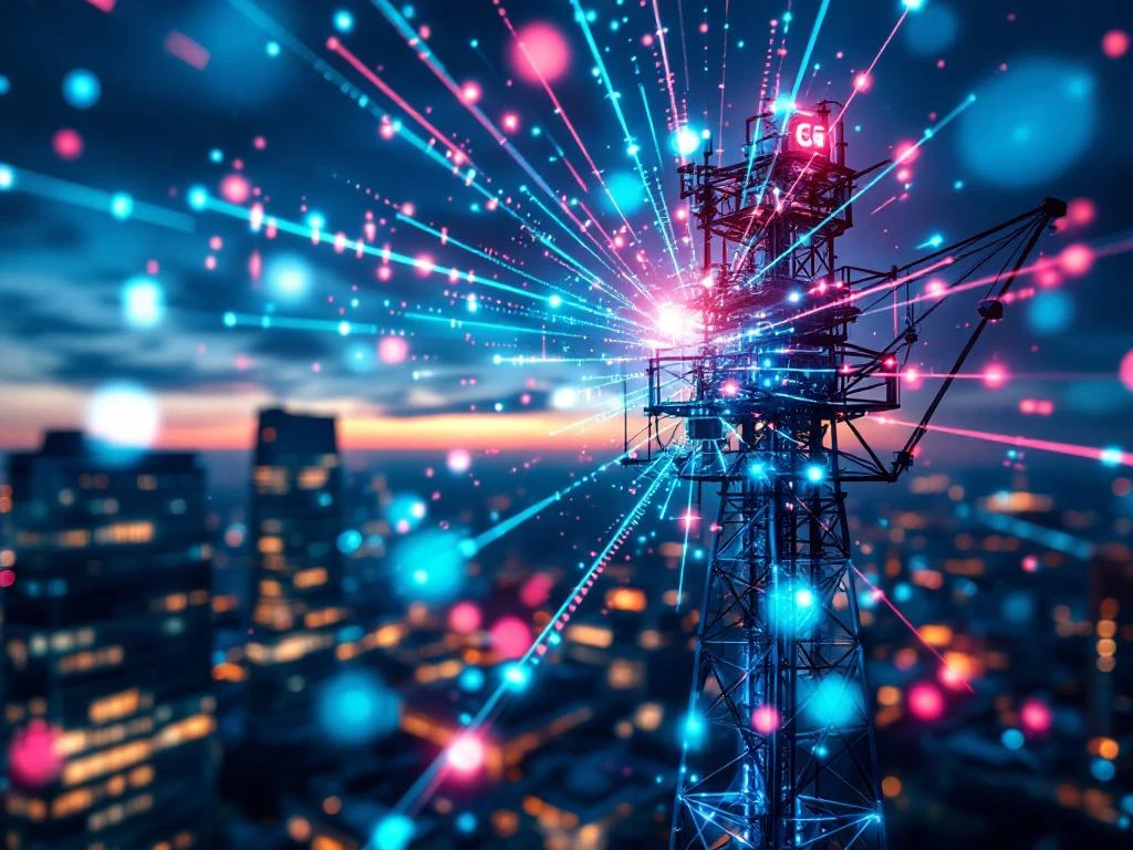 5G-netwerktoren met gloeiende teal signalen tegen donkerblauwe hemel, moderne kantoorgebouwen verbonden door roze datastromen