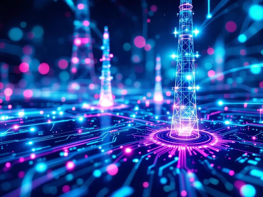 5G-torens en glasvezelkabels met digitale datastromen in teal tegen donkerblauwe technologische achtergrond