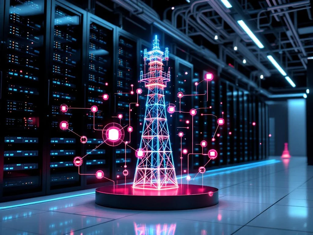 Moderne serverruimte met zwarte serverrekken, 5G-zendmast en holografische netwerkknopen in teal en roze verlichting