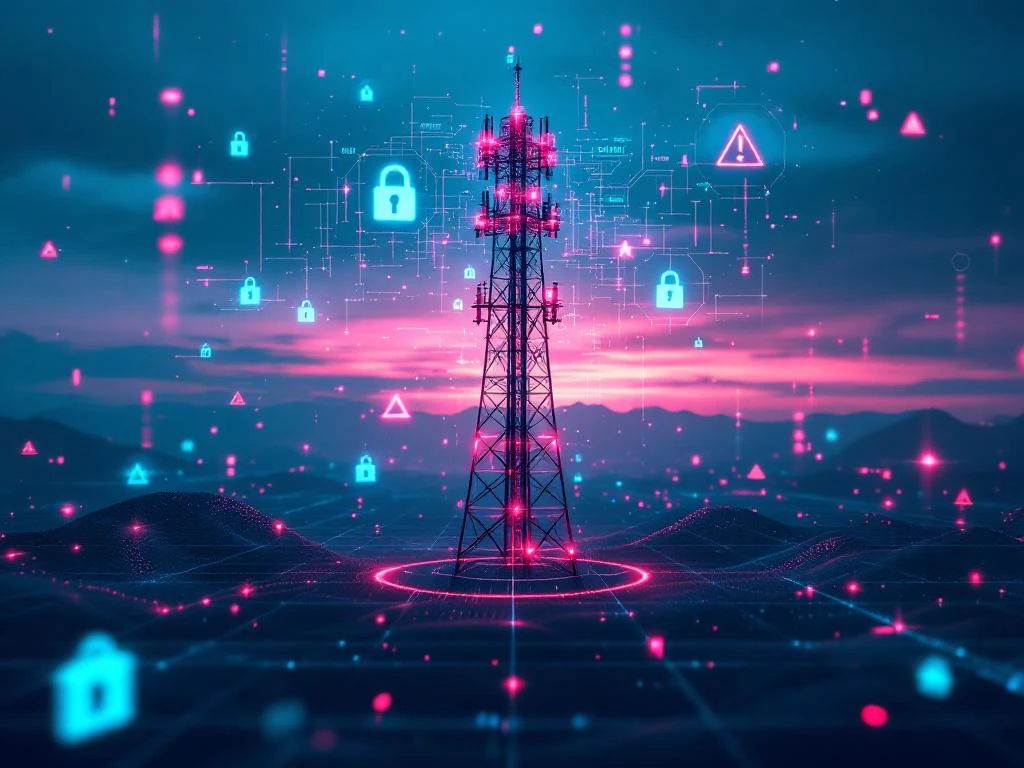 5G-zendmast silhouet tegen digitale achtergrond met zwevende cyberbeveiligingssymbolen in teal en roze tinten