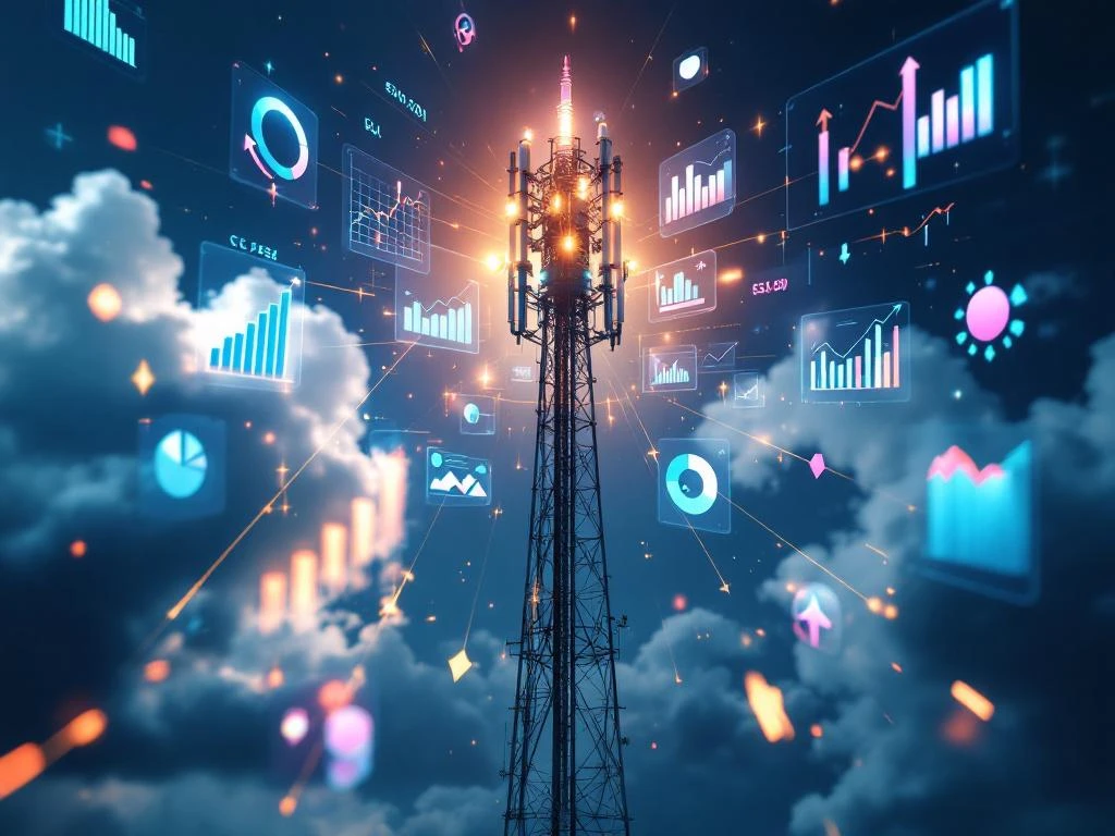 5G zendmast met holografische financiële grafieken en investeringsanalyses in teal en roze tegen donkerblauwe lucht