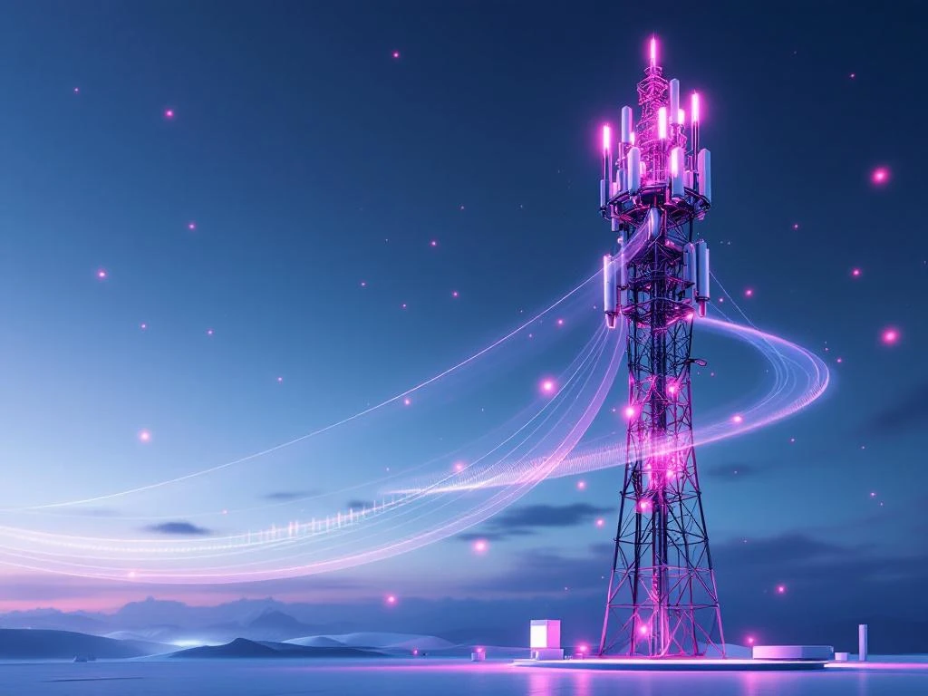 Futuristische 5G-zendmast met roze verlichting tegen blauwe lucht, met lichtstralen en telecommunicatie-infrastructuur