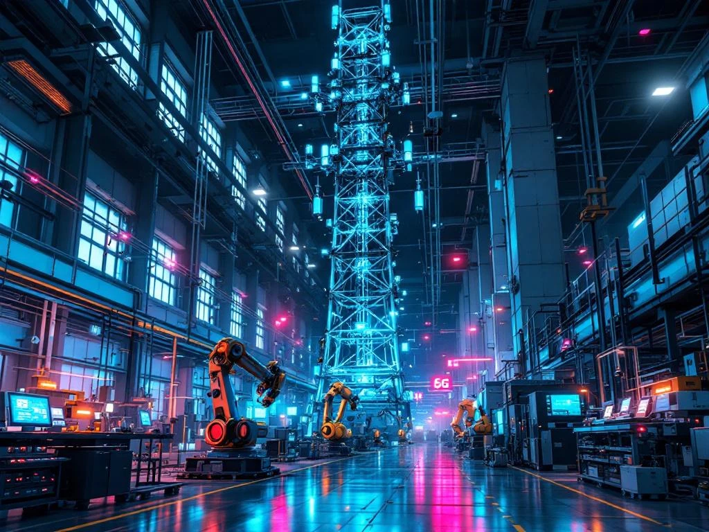 Grote 5G-zendmast in moderne fabriek met robotische assemblagelijnen en turquoise digitale displays