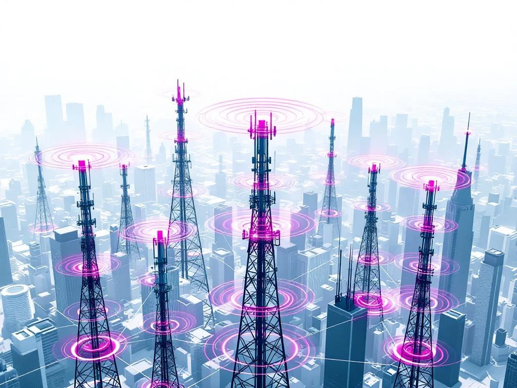 Luchtfoto van moderne stad met teal 5G-torens en roze signaalzones die een draadloos netwerk vormen