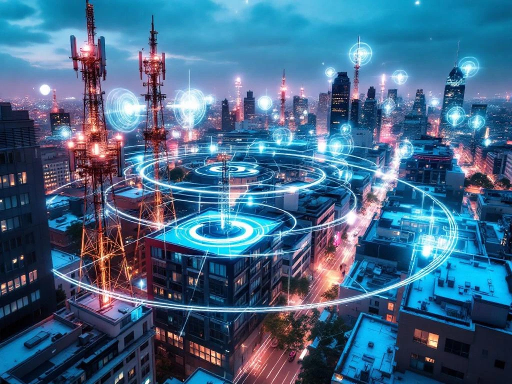 Luchtfoto van stedelijk landschap met 5G-torens op daken, signaalpatronen in teal en roze verlichte gebouwen bij avond