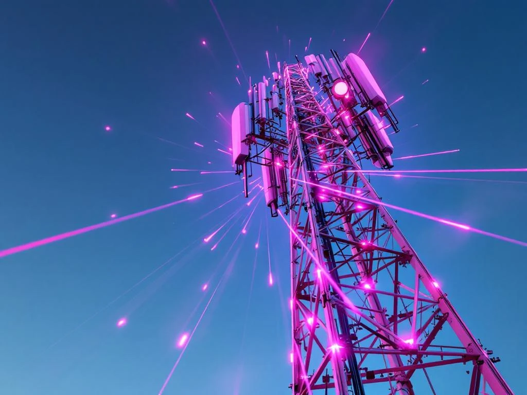 5G-zendmast met glanzende antennes tegen gradiënt hemel, roze digitale signaalstralen en scherpe metallieke details