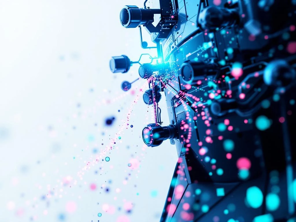 Futuristische 5G-zendmast met gloeiende datastromen in teal en roze die netwerkverkeer visualiseren op witte achtergrond