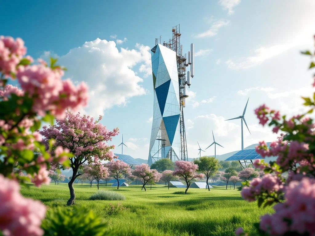 Moderne 5G-zendmast met zonnepanelen en windturbines in groene omgeving met bloeiende bomen
