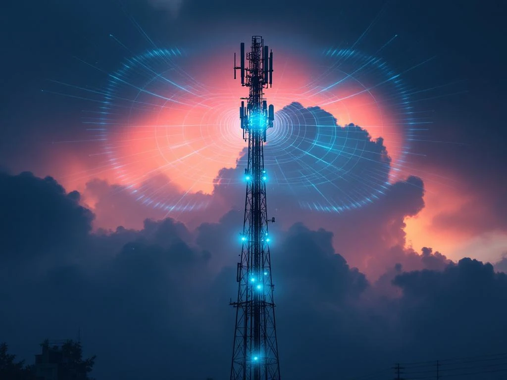 5G-zendmast tegen dramatische hemel met elektromagnetische golven in teal en roze, stedelijke infrastructuur op voorgrond