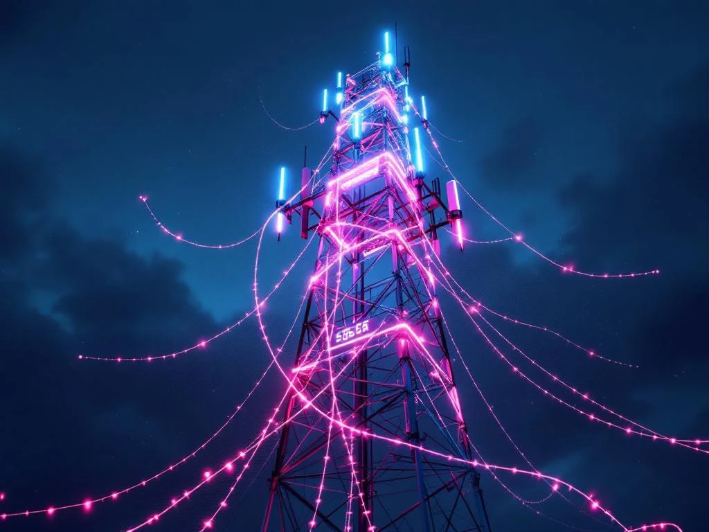 5G-zendmast met gloeiende teal energiepatronen tegen donkerblauwe avondlucht, digitale energiemeter in voorgrond