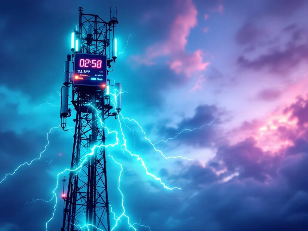 5G-zendmast met gloeiende energiestromen in teal en roze, digitale stroommeter toont energieverbruikdata tegen dramatische lucht