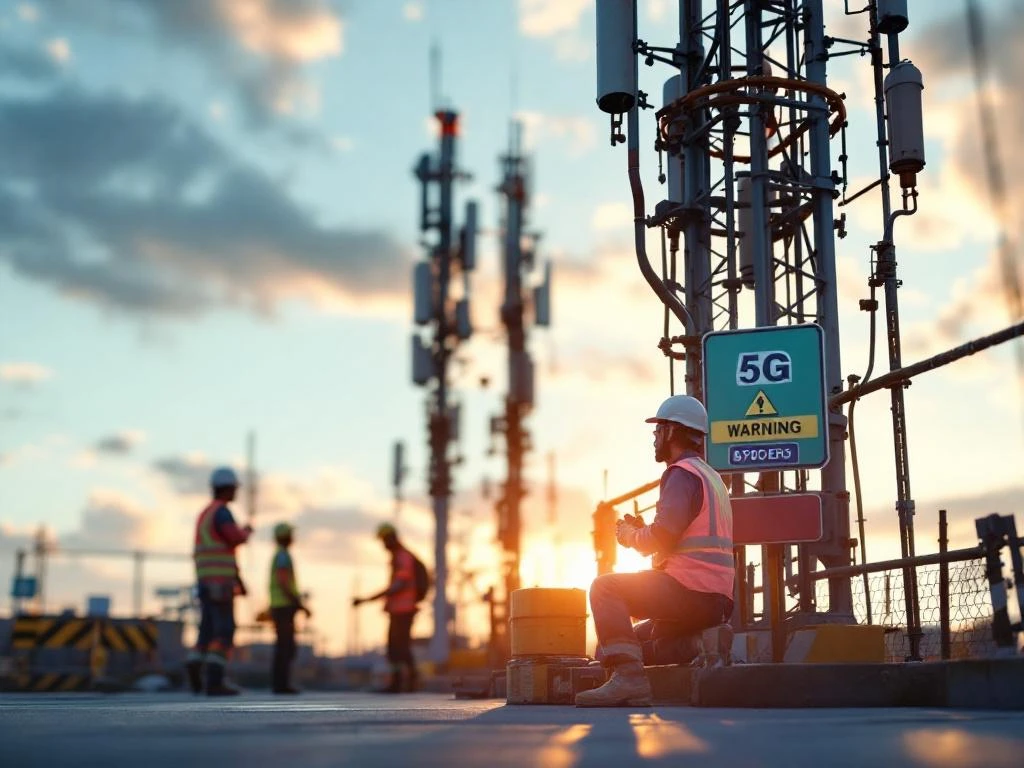 5G zendmast installatie met veiligheidsuitrusting, helmen en reflecterende vesten tijdens gouden uur verlichting