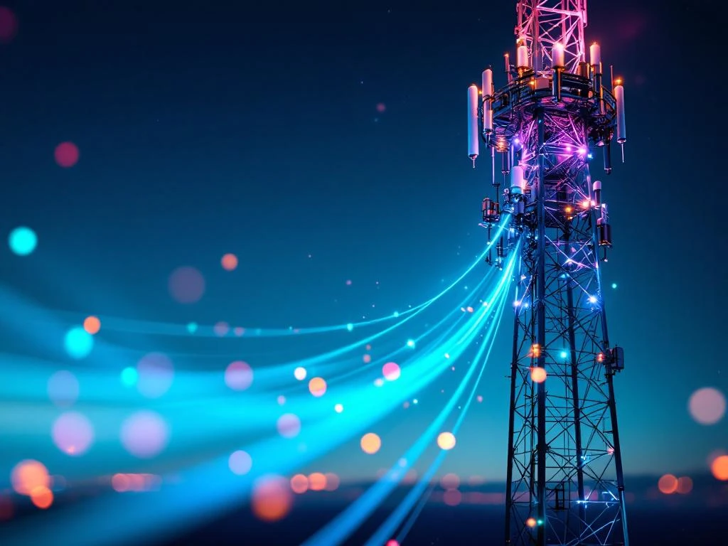 5G zendmast met antennes tegen gradiëntlucht, glasvezelkabels met lichtsporen, Nederlands landschap op achtergrond