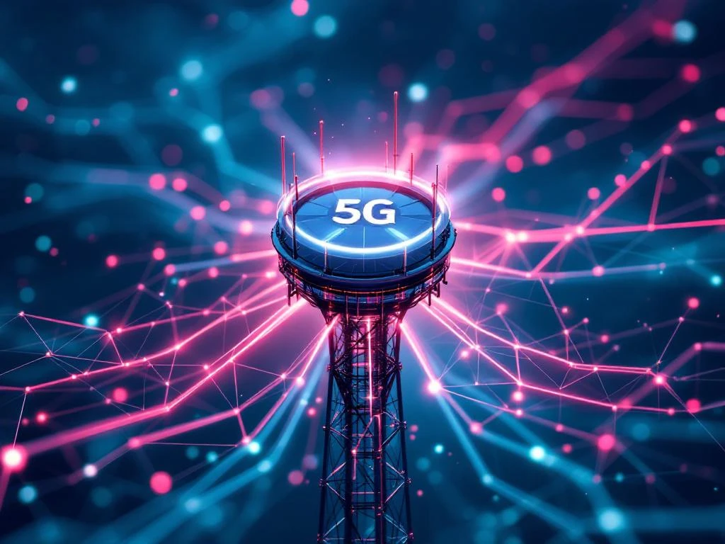 Moderne 5G zendmast met digitale datastromen en netwerkverbindingen tegen donkerblauwe lucht, luchtfoto perspectief
