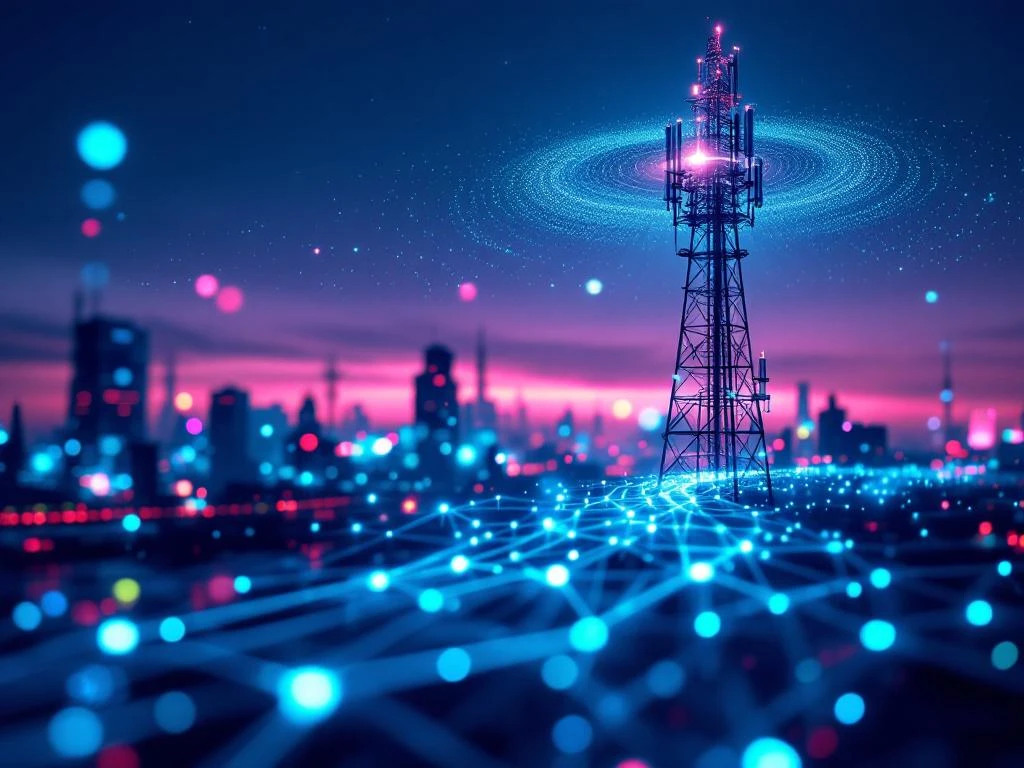 5G-zendmast met gloeiende teal signaalstralen tegen donkerblauwe avondlucht, verlichte datastromen in voorgrond