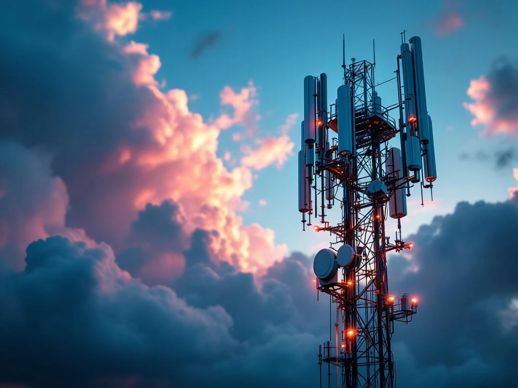 5G-zendmast met teal accenten tegen dramatische donkerblauwe stormlucht, witte veiligheidsapparatuur aan de basis