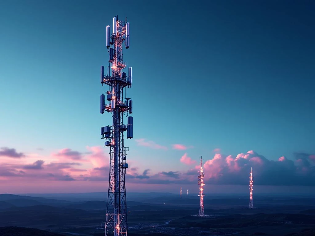Moderne 5G-zendmast met antennes tegen gradiëntlucht van marineblauw naar turkoois, gouden uur verlichting