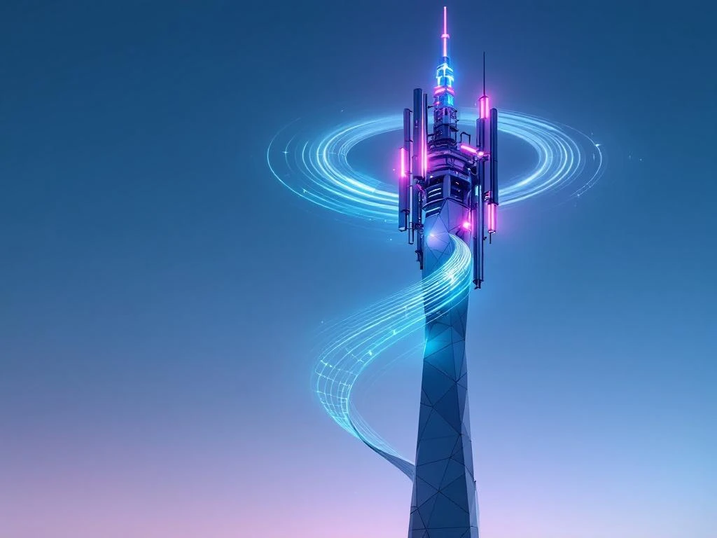 Moderne 5G zendmast met digitale signaalstralen tegen gradiënt hemel, verlicht met glasvezelkabels aan de basis
